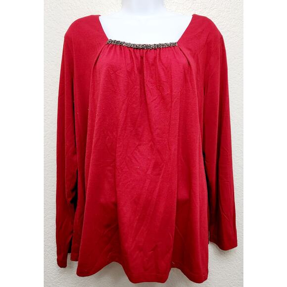 Croft & Barrow Red Pleated Bodice With Beads Top 2X Plus Lightweight Soft Flowy - Picture 1 of 6